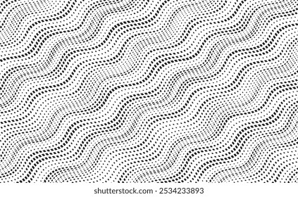 Background with square dot diagonal wavy lines. Twisted duo tone backgrounds. Abstract pattern from lines, halftone effect. Minimalist design template for poster, banner, cover, postcard.