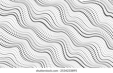 Background with square dot diagonal wavy lines. Twisted duo tone backgrounds. Abstract pattern from lines, halftone effect. Minimalist design template for poster, banner, cover, postcard.