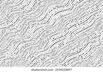 Background with square dot diagonal wavy lines. Twisted duo tone backgrounds. Abstract pattern from lines, halftone effect. Minimalist design template for poster, banner, cover, postcard.