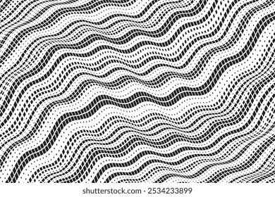 Background with square dot diagonal wavy lines. Twisted duo tone backgrounds. Abstract pattern from lines, halftone effect. Minimalist design template for poster, banner, cover, postcard.