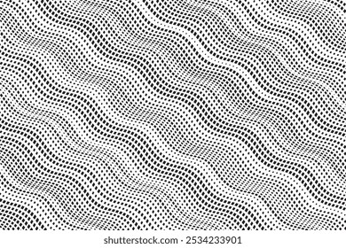 Background with square dot diagonal wavy lines. Twisted duo tone backgrounds. Abstract pattern from lines, halftone effect. Minimalist design template for poster, banner, cover, postcard.