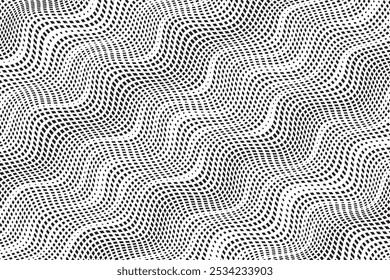 Background with square dot diagonal wavy lines. Twisted duo tone backgrounds. Abstract pattern from lines, halftone effect. Minimalist design template for poster, banner, cover, postcard.