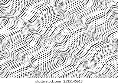 Background with square dot wavy lines. Twisted duo tone backgrounds. Abstract pattern from lines, halftone effect. Monochrome texture. Minimalist design template for poster, banner, cover, postcard.