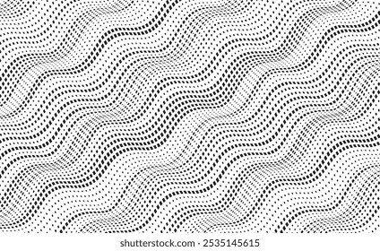 Background with square dot wavy lines. Twisted duo tone backgrounds. Abstract pattern from lines, halftone effect. Monochrome texture. Minimalist design template for poster, banner, cover, postcard.