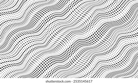 Background with square dot wavy lines. Twisted duo tone backgrounds. Abstract pattern from lines, halftone effect. Monochrome texture. Minimalist design template for poster, banner, cover, postcard.