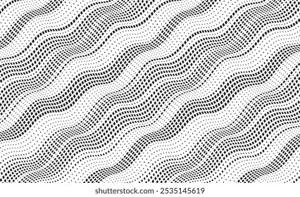 Background with square dot wavy lines. Twisted duo tone backgrounds. Abstract pattern from lines, halftone effect. Monochrome texture. Minimalist design template for poster, banner, cover, postcard.