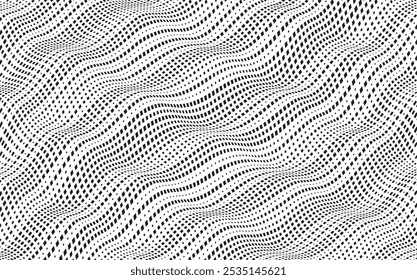 Background with square dot wavy lines. Twisted duo tone backgrounds. Abstract pattern from lines, halftone effect. Monochrome texture. Minimalist design template for poster, banner, cover, postcard.