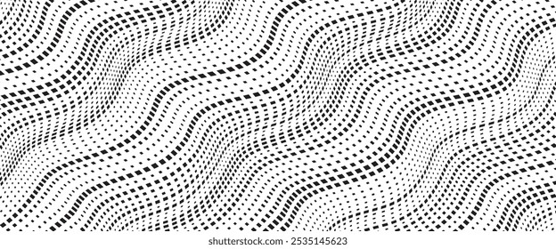 Background with square dot wavy lines. Twisted duo tone backgrounds. Abstract pattern from lines, halftone effect. Monochrome texture. Minimalist design template for poster, banner, cover, postcard.