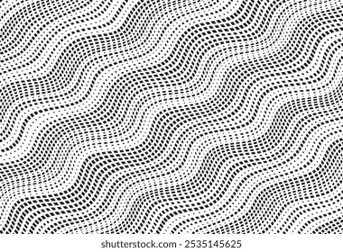 Background with square dot wavy lines. Twisted duo tone backgrounds. Abstract pattern from lines, halftone effect. Monochrome texture. Minimalist design template for poster, banner, cover, postcard.