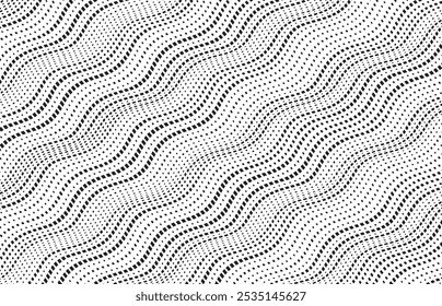 Background with square dot wavy lines. Twisted duo tone backgrounds. Abstract pattern from lines, halftone effect. Monochrome texture. Minimalist design template for poster, banner, cover, postcard.