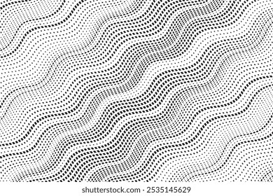 Background with square dot wavy lines. Twisted duo tone backgrounds. Abstract pattern from lines, halftone effect. Monochrome texture. Minimalist design template for poster, banner, cover, postcard.