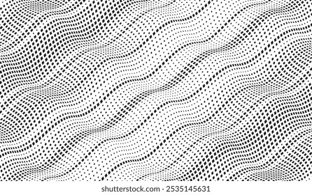 Background with square dot wavy lines. Twisted duo tone backgrounds. Abstract pattern from lines, halftone effect. Monochrome texture. Minimalist design template for poster, banner, cover, postcard.