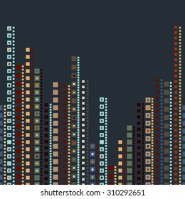 background with squares of different sizes, are arranged vertically in a row, abstract, apartment buildings. Vector illustration. Night city