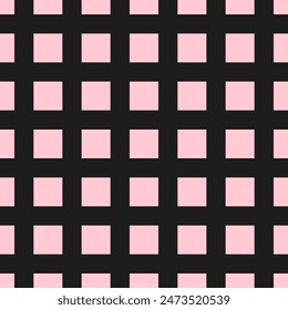 Background of squares and intersecting stripes and lines. Pink and black checkered striped seamless repeat pattern.