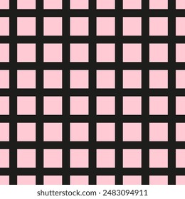 Background of squares and intersecting stripes and lines. Pink and black checkered striped seamless repeat pattern.