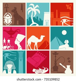 Background of the squares with the tourist symbols of Egypt