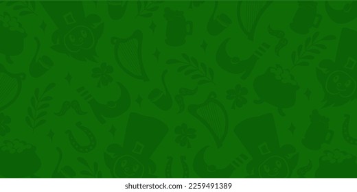 Background St. Patrick's Day with Fancy Elements Shamrock, Leprechauns, Beer, Harp, Horseshoe. St. Patrick's Day Elements on green Background. Website Background or Banner 