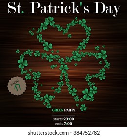 Background St. Patrick's Day clover of shamrocks on a wooden surface .Vector illustration. EPS 10.
