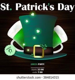 Background St. Patrick's Day . Dark green leprechaun hat and two mugs of green Irish beer.Set of vector illustrations. EPS 10.
