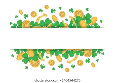 The Background of St. Patrick's Day with Green Shamrocks, horseshoes and  Gold Coins. Vector illustration