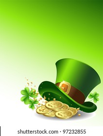 Background to the St. Patrick's Day with a green hat and gold coins. Vector.