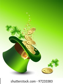 Background to the St. Patrick's Day with a green hat with gold coins, and clover. Vector.