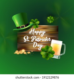 Background St. Patrick's Day greetings with a leprechaun hat and beer. Gold coins and clover on the background of a wooden board .vector illustration