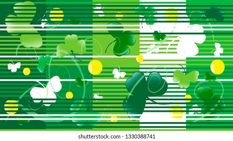 The background to St. Patrick's Day. With the image of white crochet with coins. The background of the background consists of rectangles of green tint.