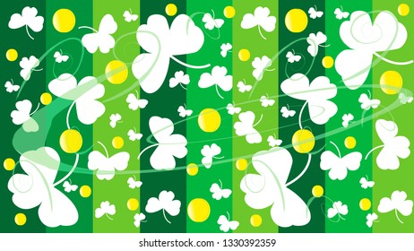 The background to St. Patrick's Day. With the image of white crochet with coins. The background of the background consists of rectangles of green tint.