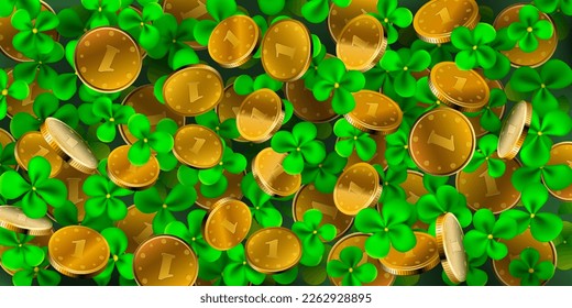 Background for St. Patrick's Day made of realistic clover leaves in green colors and big golden coins