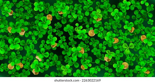 Background for St. Patrick's Day made of realistic clover leaves in green colors and golden coins