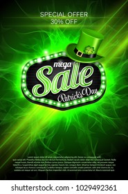 Background St. Patrick's day mega Sale. Banner or poster or flyer model. Green light frame with leprechaun hat and clover on white background. Vector illustration.