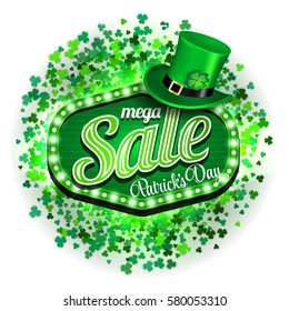 Background St. Patrick's day mega Sale. Banner or poster or flyer model. Green light frame with leprechaun hat and clover on white background. Vector illustration.