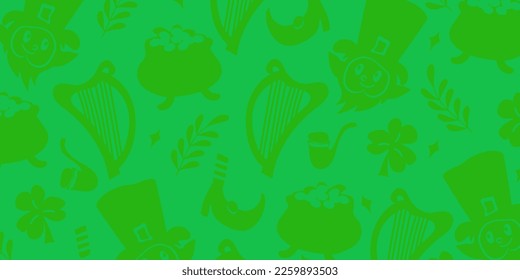 Background St. Patrick's Day with Fancy Elements Shamrock, Leprechaun, Pot full of gold, Smoking Pipe, Harp. St. Patrick's Day Elements on green Background. Website Background or Banner 
