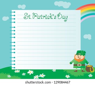 Background for St. Patrick's Day. Vector  of page from spiral notebook, leprechaun, pot with gold coins on green spring  landscape.