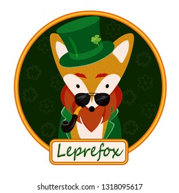 Background for St. Patrick's Day. Vector illustration of fox in a coat in a round frame on a brown background