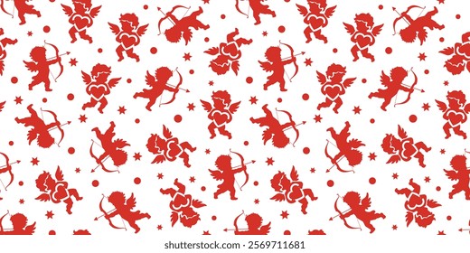 Background for st. valentine's day. Vector seamless pattern with stars and red cherubs (cupids) shooting from a bow on a white background.