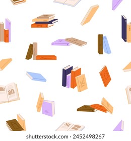 Fondo con pilas de diferentes literaturas para leer. Patrón repetible de montones de libros de papel con cubierta decorada. Telón de fondo sin fin con libros de texto cerrados y abiertos. Ilustración vectorial plana sin costuras