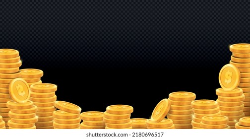 Background with stacks of golden coins. Template with copy space, money, piles of cash or wealth. Banking or finance. Income or profit. Realistic 3D vector illustration isolated on transparent