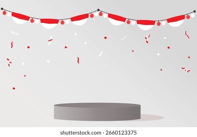 Fondo, escenario con banderas y confeti en tema rojo y blanco. decoración del escenario del podio. exhibición del podio para el Día de la Independencia de Indonesia