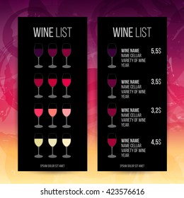 Background stains and colors of wine. Template for wine list or presentation with illustrations wineglasses. Vector