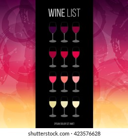 Background stains and colors of wine. Template for wine list or presentation with illustrations wineglasses. Vector