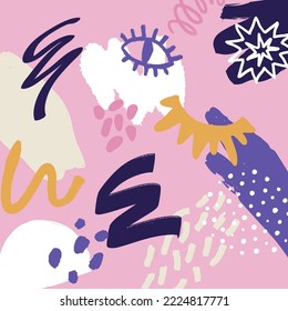 Background with stains, textures and geometric shapes. Bright colors. Hand drawn vector pattern.