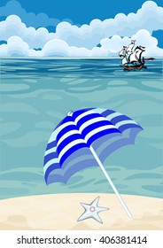 background with starfish and parasol on seashore