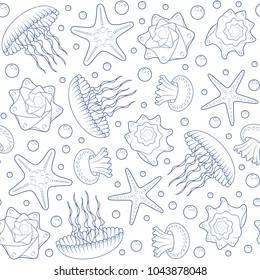 Background with starfish, seashells and jellyfish. Seamless vector pattern.