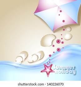 Background with starfish and seashells in the sand at the beach