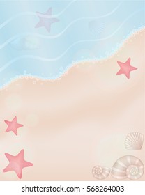 Background with starfishes and shells. Sea. Sand. Beach. 