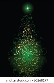 Background with stars and Christmas tree from ornate elements, illustration