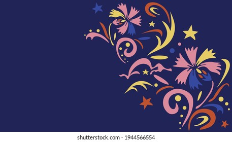 Background of stars, cornflowers and abstract patterns for banners on the Internet. Vector image. The colors are bright, trendy. Used blue, orange, pink, yellow, indigo.