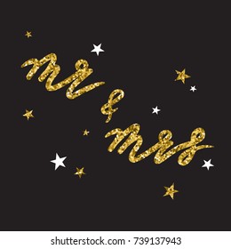 Background with stars and english text. Mr and mrs, poster design. Backdrop vector with lettering. Decorative illustration, recourse to man and woman. Save the date card. Miss and mister